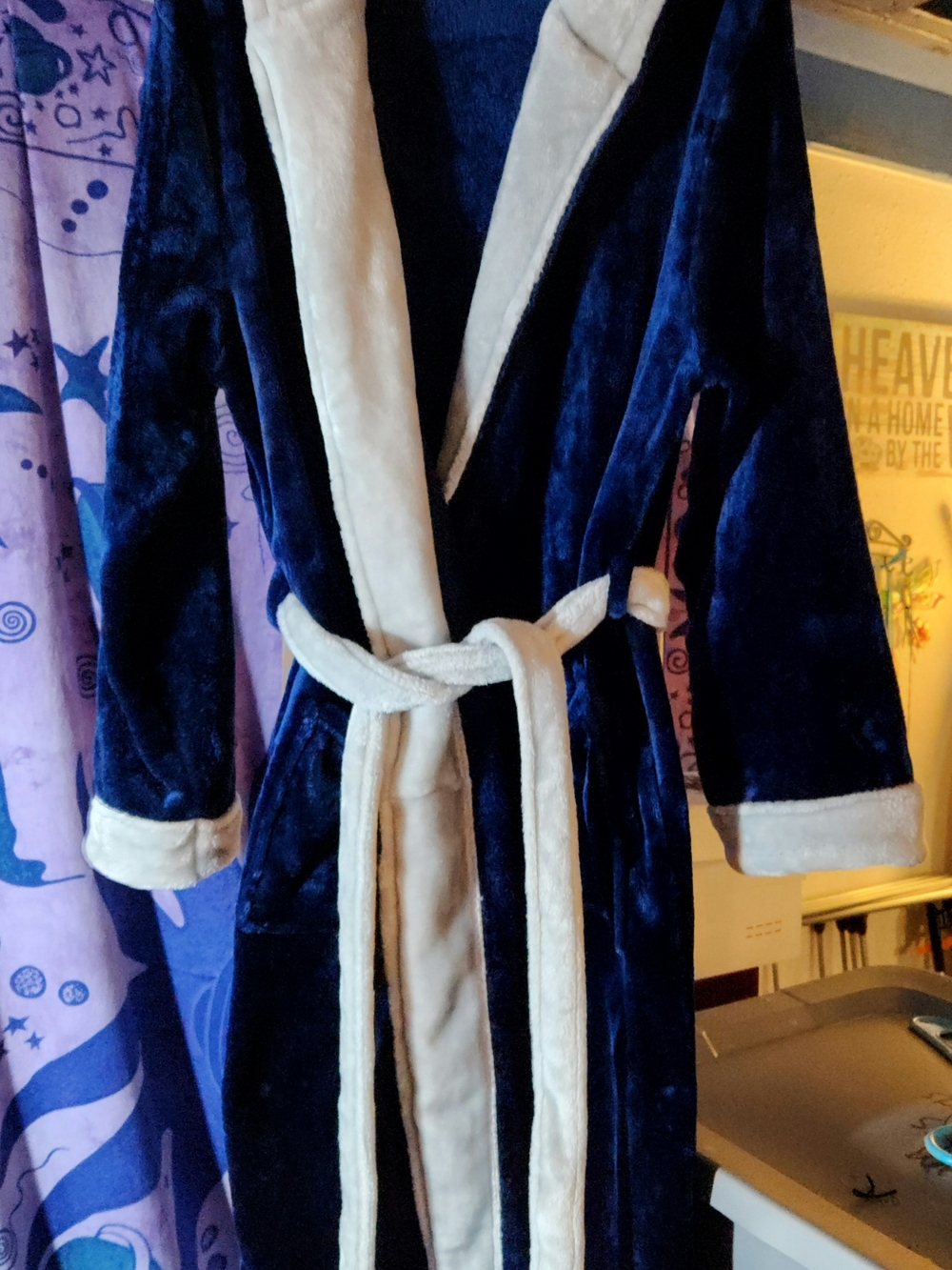 Pavilia women's Sherpa Trim Hooded Plush Royal Blue and Cream Bathrobe Size L/XL